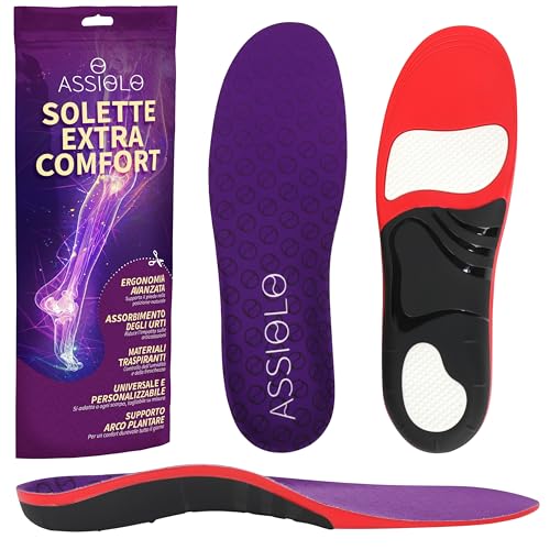 ASSIOLO Solette Scarpe Extra Comfort Multiuso con Supporto Arco Plantare - Solette Ortopediche in Gel Ammortizzante per gli Urti - Soletta Scarpe Uomo e Donna Ritagliabili Taglia 42-44 - Design e materiali